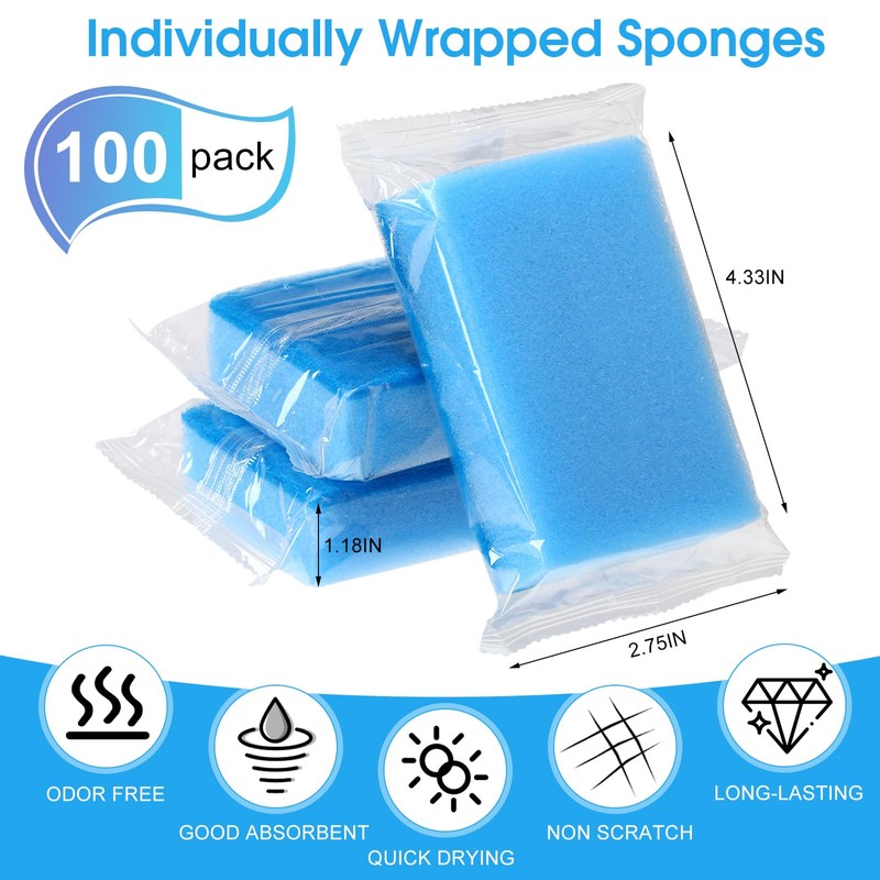 Tioncy 100 Pcs Individually Wrapped Sponges Kitchen Bulk Blue Dish