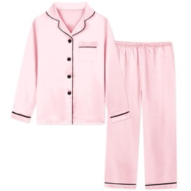 Schbbbta Girls Satin Pajamas, Long Sleeves Button Up Silk 2Pcs Loungewear Nightwear for Girls with Pants Pockets, T-Candy Pink, 13-14 Years = Tag 170