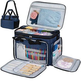 PAVILIA Knitting Bag Yarn Storage Tote - Crochet Organizer Bag, Yarn Storage Holder with Dividers for Knitting Accessories, Yarn Skiens, Needles, Hooks, Unfinished Project (Heather Navy)