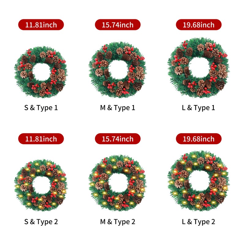LED Christmas Wreath With Battery Powered String Light Pine Cones