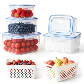 YOUSHEME 4 In 1 Food Storage Container, Fruit Storage Containers for Fridge Household Transparent Plastic Food Storage Box with Removable Colander & Drain Basket Soak,Wash, Drain,and Store