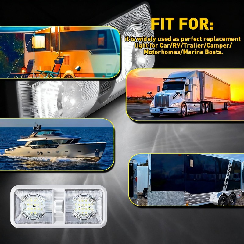 HAISTYLE RV LED Ceiling Double Dome Light Fixture with ON/Off