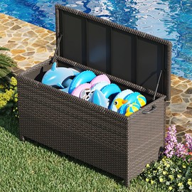 125 Gallon Large Deck Box Waterproof PE Rattan Outdoor Storage Box with Handles and Wheels, Storage Bin for Garden, Balcony, Porch, Pool, Yard