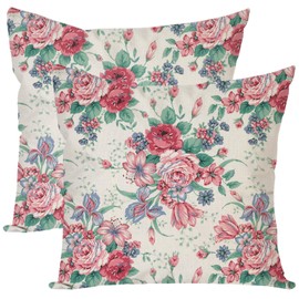 HERHOME Vintage Floral Decorative Throw Pillow Covers 18x18 Inch Set of 2 Green and Pink Rose Outdoor Cottagecore Spring Valentines Decor Cushion Cases Home Decorations for Living Room Sofa Couch