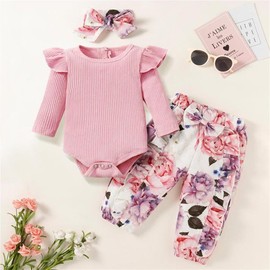 Aoswep Newborn Baby Girl Clothes Infant Girl Outfits Long Sleeve Ruffle Romper + Floral Pants + Headband Set (Red, 3-6 Months)