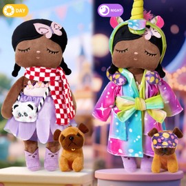 Merrymint Soft Rag Doll 34 cm Set with Dog & Accessories, Rainbow Unicorn Bathrobe, Gift for Girls & Children from 3 Years, Cuddly Doll Doll Set Birthday Christening Gift
