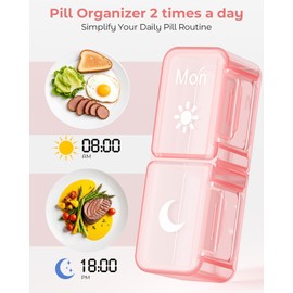 Zoksi Am Pm Pill Organizer 7 Day, Weekly Pill Box 2 Times a Day, Medicine Pill Organizer with Separate Compartment, Travel Pill Case Dispenser Portable for Vitamins, Fish Oils, Medicines(Pink)