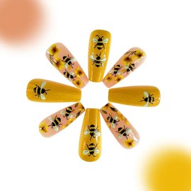 24Pcs Spring Press on Nails Medium Length Fake Nails Yellow Full Cover Acrylic Nails with Bumblebee Flower Designs Stick on Nails Reusable Summer False Nails 3D Embossed Flower Glue on Nails for Women