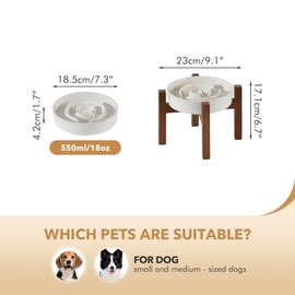Havniva Ceramic 7.3inch Raised Slow Feeder Dog Bowl Set, Elevated Acacia Wood Stand for Medium and Small Dog, Slow Dish, Stop Bloat(Single Bowl+ Stand, Reactived Glaze -White)