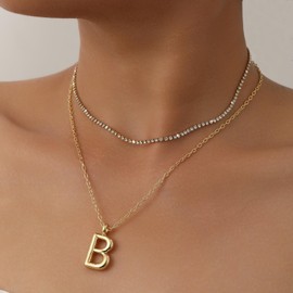 Firopia Gold Bubble Letter Necklace for Women | Individually Stackable Initial Necklaces | Dainty Gold Layered Necklace for Women | Jewelry Gift for Women B