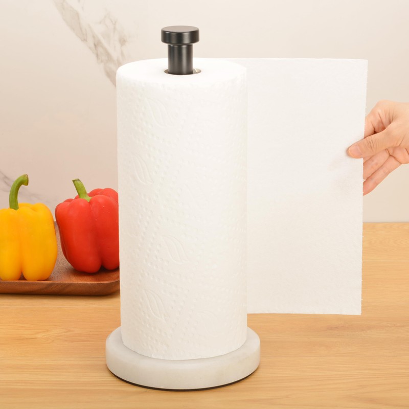 Kitchen Paper Towel Holder Countertop, Black Stainless Steel Rod, White