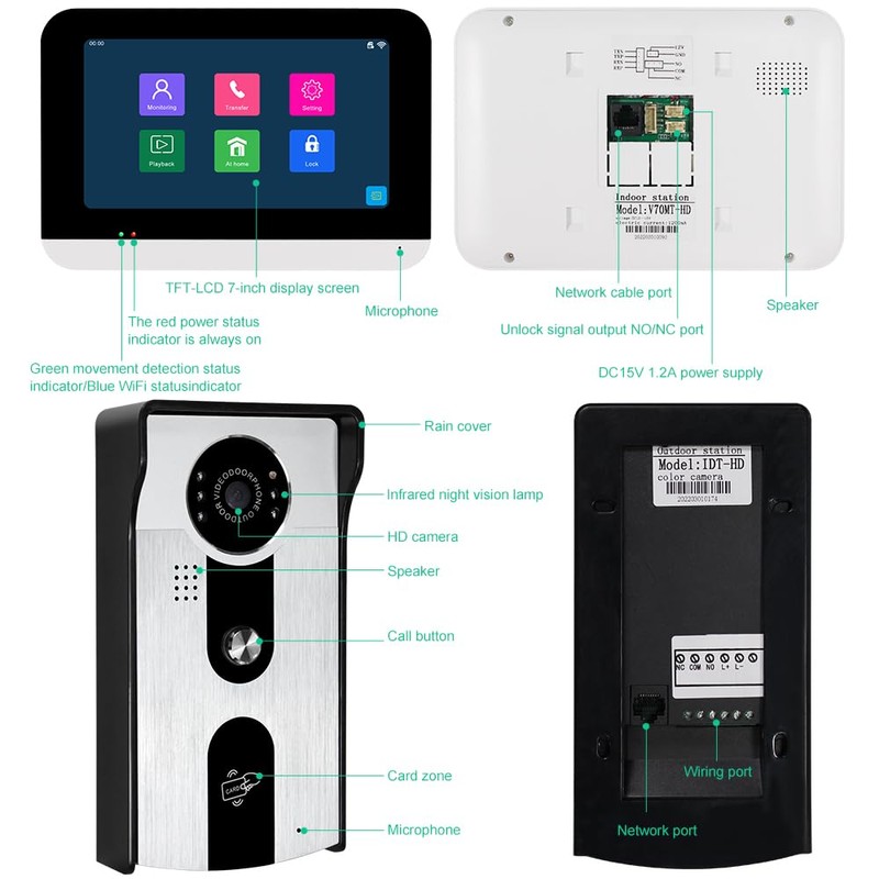 7'' TFT LCD Wired Video Intercom System WiFi Indoor Monitor