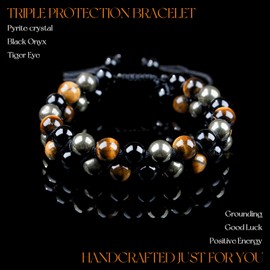 Triple Protection Bracelet for Men/Women – Handmade with Tiger Eye, Black Onyx & Pyrite Stone, 8mm Healing Crystal Bracelet for Grounding, Luck & Positive Vibes
