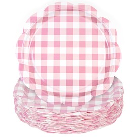 Houuqe 48Pcs Gingham Party Supplies Pink Scalloped Paper Plates 9 inches Disposable Plaid Decorative Dinner Dessert Serving Plates for Baby Shower Wedding Birthday Party