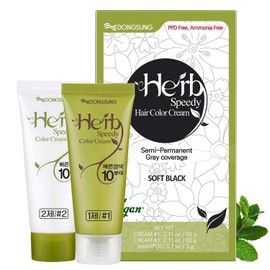 Dongsung Herb Speedy Color Cream(Soft Black, 1 Pack), PPD-Free Ammonia-Free Vegan Gray Coverage Hair Dye with Sun Protection, Odorless, Gentle for Sensitive Scalp, No Eye or Scalp Irritation