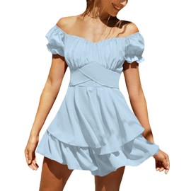 LYANER Women's Tie Back Off Shoulder Wrap Layer Ruffle Short Sleeve Mini Dress Light Blue Small