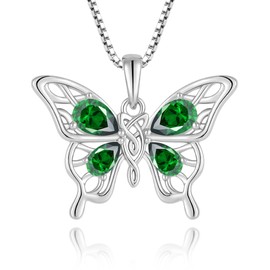 Vemhel Butterfly Necklace 925 Sterling Silver Celtic Knot Pendant Teardrop Birthstone Twisted Jewelry for Women, Sterling Silver, Created Emerald