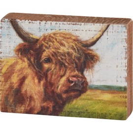 Highland Cow With Horns Decorative Wooden Block Sign Decor - Farmhouse Collection 4 Inch x 4 Inch