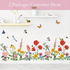 decalmile Wall Sticker Garden Flowers Wall Sticker Birds Butterflies Poppy Flower Wall Sticker Baby Room Nursery Bedroom Wall Decoration