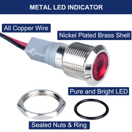 DMWD 5Pcs 12mm Metal LED Indicator Light 12V-24V 20mA Pilot Dash Warning Signal Lamp Mounting Hole 2/5" Waterproof with 15cm/5.9in. Wire for Car Truck Boat (Red)