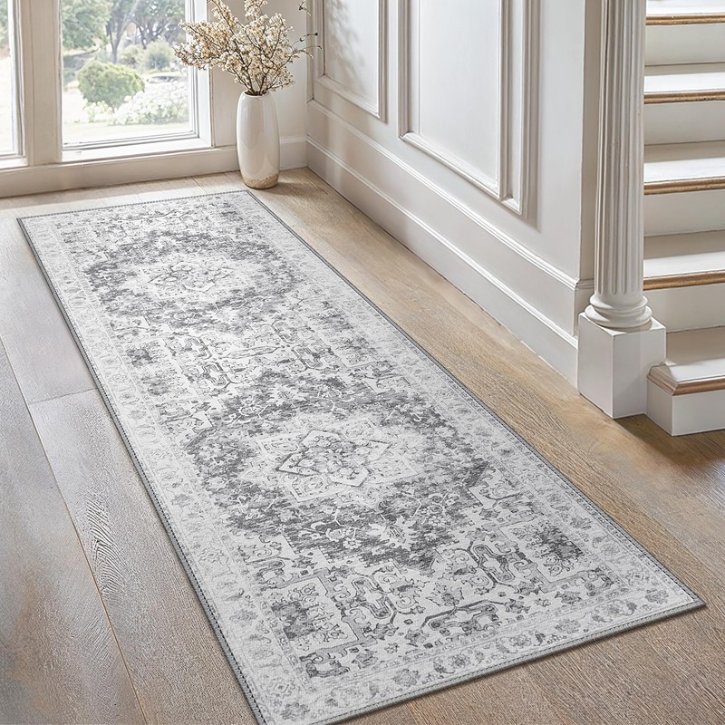 GENIMO 60x120cm Grey Vintage Boho Rug - Non-Slip Washable Polyester
