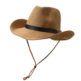 IBLUELOVER Men Straw Sun Hat Wide Brim Panama Hat Western Cowboy Hat Vintage Jazz Cap Floppy Trilby Hat UV Protection Beach Cap with Adjustable Leather Band and Chin Strap Khaki