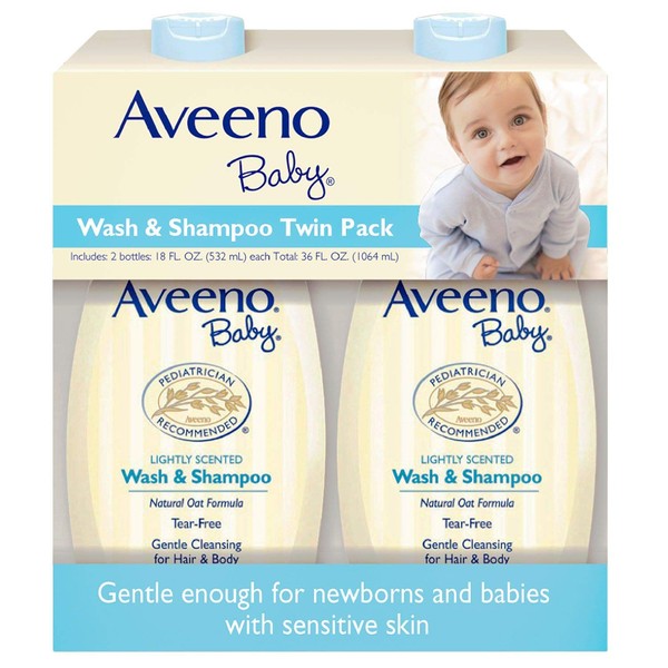 Aveeno Baby Wash and Shampoo, Lightly Scented, 18 Fluid Ounce, (Pack of 2)