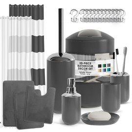 Clara Clark Bathroom Set - Gray Bathroom Accessories Set, Bathroom Sets with Shower Curtain and Rugs, 23PC Shower Curtain Set with Liner, Soap Dispenser, Soap Dish, Toilet Brush Holder, and Trash Can