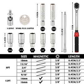 MIXPOWER 11PCS 3/8" Drive Magnetic Spark Plug Socket Set with Torque Wrench, 10-45ft.lb/13.6-61Nm, 6 & 12 Point, Includes 14, 16, 18 mm & 9/16", 5/8", 3/4", 13/16" Socket