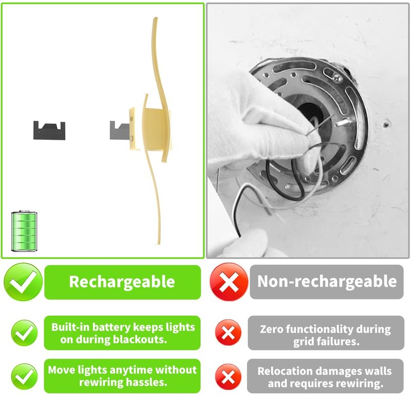 Battery Operated Wall Sconce Set of 2, Gold USB Rechargeable