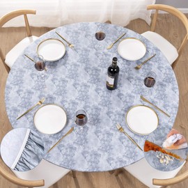 UMINEUX Round Fitted Vinyl Tablecloth with Elastic Edged & Flannel Backing, Waterproof Wipeable Round Table Cover for Indoor Outdoor Patio Use - Fits Tables up to 45" - 56" Diameter(Grey Marble)