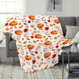 Soft Fall Throw Blanket with Pumpkins and Maples, Cozy Flannel Fleece Luxury Decoration Blanket for Bed, Sofa and Couch Fall Decorations for Home 100x130cm