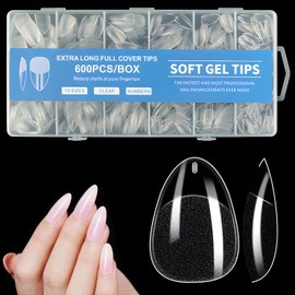600 Pcs Uñas Postizas Transparentes， Almendra Corto Tips 10 Tamaños Pre-Formado,Medio Mate Fake Claro Gelly Tips Cobertura Completa Extra Larga, Puntas Para Salones de Uñas y DIY Nail.