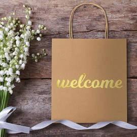 Set of 12 Premium Gold Foil Lettering Gift Bags (10x8x4") Eco-Consious Reusable Paper Bags for Marriage Celebrations, Parties, Christmas-Gifting, Thanksgiving Gift Bags, Corporate Events