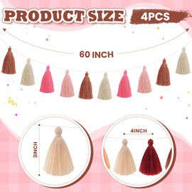 WILLBOND 4 Pieces Tassel Garland for Classroom Boho Pastel Garland Tassel Banners Decoration for Classroom School Supplies Decor Back to School(Rose Red, Pink, Brown, Khaki, 3.1 Inch)