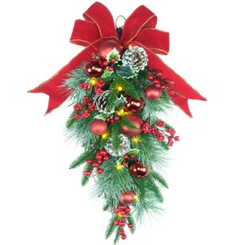 24" Pre-lit Decorative Teardrop Swag, Battery Operated Artificial Christmas Swag with Fairy Lights, Red Bowknot & Baubles, Pine Cones, Red Berries (Red Bowknot)