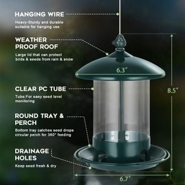 Gbekery Metal Bird Feeders for Outdoors Hanging, Weather Resistant Wild Bird Feeder with 360 Degree Feeding Tray, Green