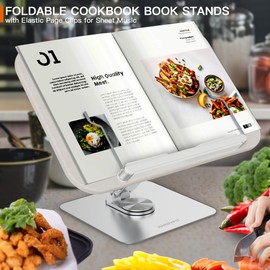 HARRYFIT Book Stand for Reading, 360° Rotate & Multi Heights Adjustable Book Holder,Foldable Cookbook Book Stands with Elastic Page Clips for Sheet Music, Recipe, Laptop, Textbook (Light Wood)