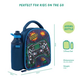 Polar Gear Gamer Pixel Insulated Kids Lunch Bag Holder and 600ml Water Bottle, Polyester, 600 milliliters