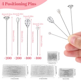 600 PCS Diamond Pins for Bouquets, 4 Styles Diamonds for Flower Bouquets, Diamond Pins for Flowers Pearl Pins Corsage Boutonniere Pins Wedding Bouquet Pins for Jewelry, Flower DIY Crafts