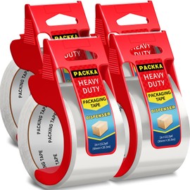 PACKKA Heavy Duty Packing Tape with Dispenser, Clear Shipping Tape Packaging Tape Dispensers for Shipping Mailing Moving Sealing Storage and Packing, 2 in. x 55 yd., 4 Tape Rolls with Dispensers