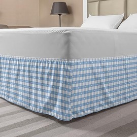 Ambesonne Checkered Bed Skirt, Gingham Motif with Little Hearts Pastel Blue Shower Theme, Elastic Bedskirt Dust Ruffle Wrap Around for Bedding Decor, King, Pale Blue White