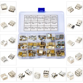 JTSINERU USB 2.0 Female Male PCB Mount Connector Assortment Kit, USB 2.0 Female Pin PCB Mount Socket Type A/B Male/Female Single/Dual Port USB Jack 4Pin 5Pin Micro USB Jack Socket (JTS-USB2.0)