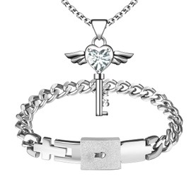 Flongo Couple Lock Key Jewellery Set: Silver Couples Bracelet Necklace Set Women's Necklace with Heart Wings Gold Cubic Zirconia Men's Cuban Lock Bracelet Stainless Steel Gift Partner Christmas