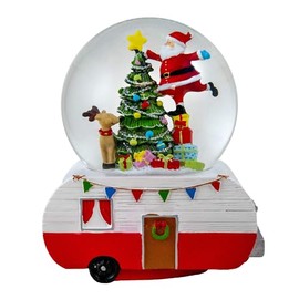 Santa Decorating Tree Snow Globe on Camper by The San Francisco Music Box