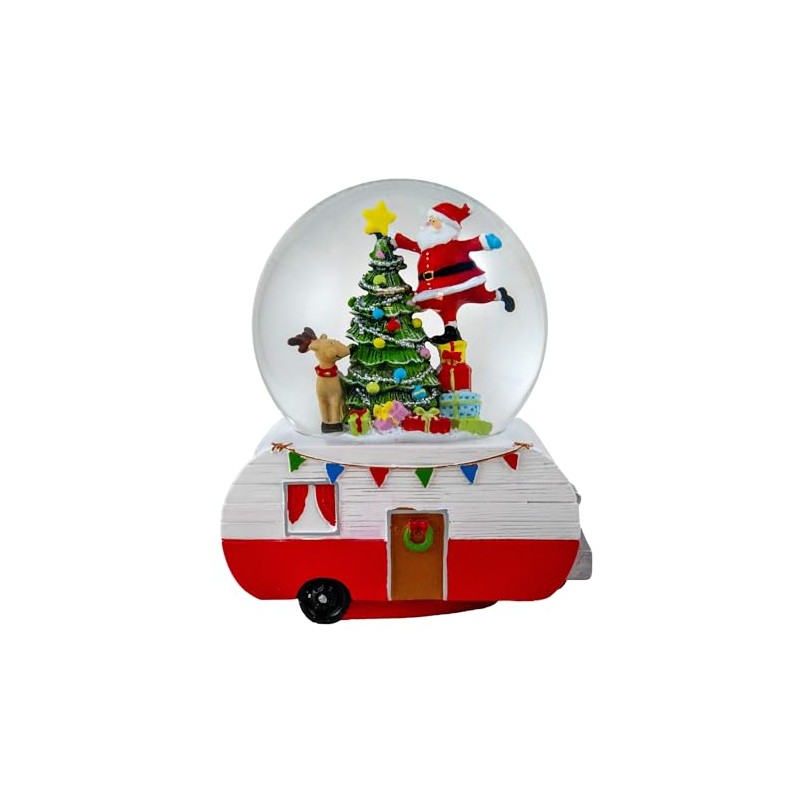 Santa Decorating Tree Snow Globe on Camper by The San