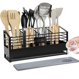 RESENSTORE Large Utensil Holder for Kitchen Counter, 4 Compartments Kitchen Cooking Utensil Holder Organizer with Diatomaceous Earth Base Matte Black