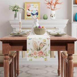 BOTB LIHM Easter Watercolor Bunny Ear Colorful Eggs Flowers Butterfly Cloth Table Runner Burlap Table Decoration for Spring Home Kitchen Dining Dinner Indoor Holiday Farmhouse Decor 13x72 Inch