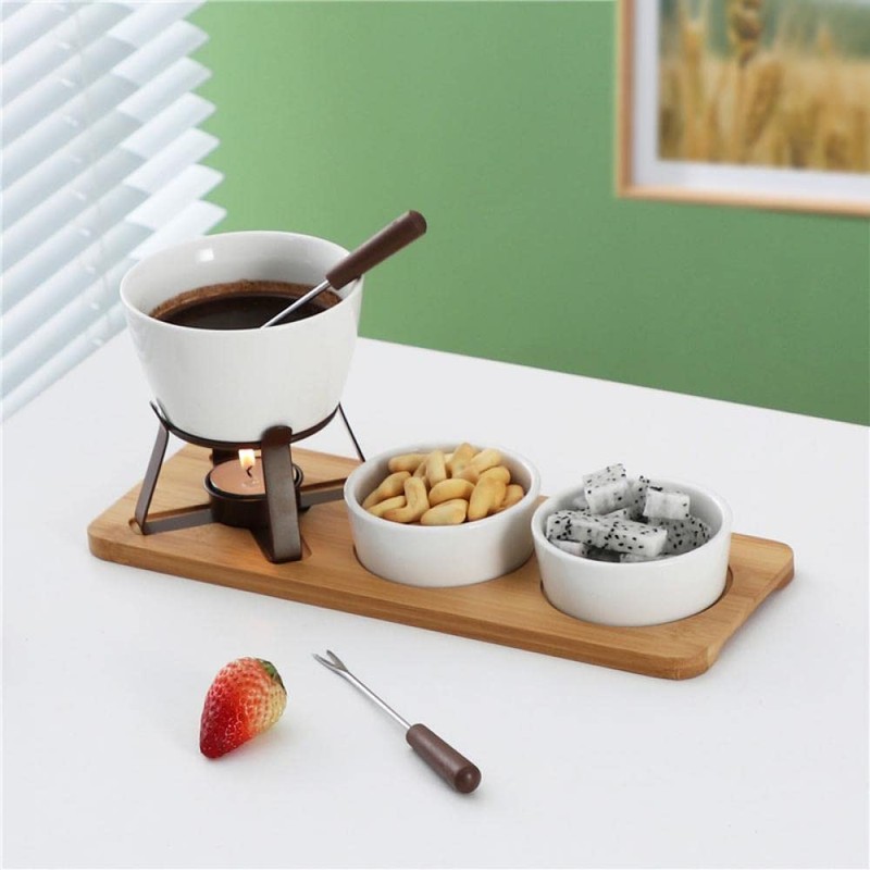 Sizikato White Porcelain Chocolate Fondue Set, with 2 Fruit Fork