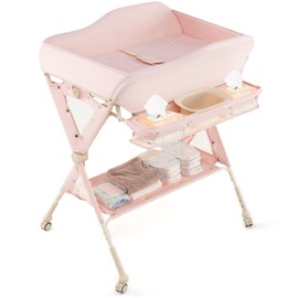 INFANS Baby Changing Table with Wheels, Portable Folding Diaper Station Nursery Organizer with Storage Basket, Hanging Rack, Adjustable Height, Safety Belt for Newborn Infant (Light Pink)
